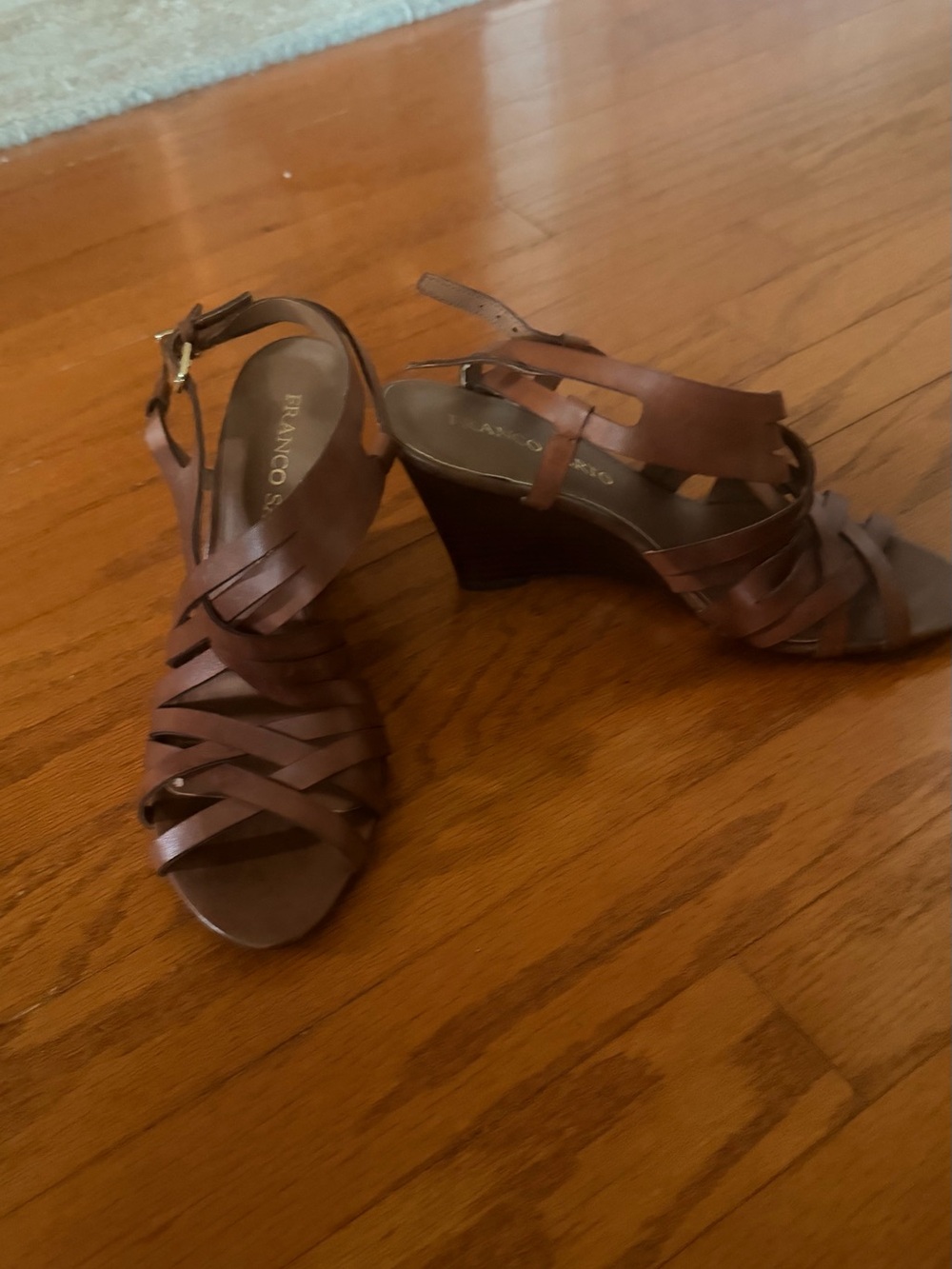 Franco Sarto Cognac Brown Leather Wedge Sandals